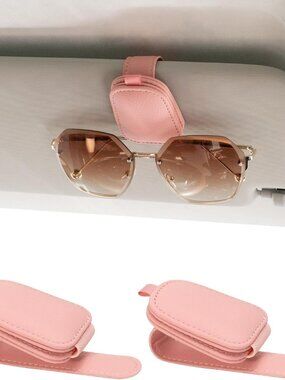 2 Sunglass Holder for Car Magnetic Leather Sunglasses Holder Card Clip Pink